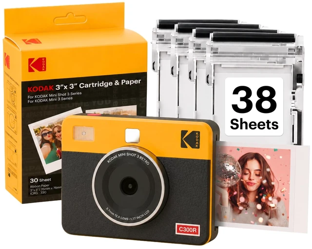 Main image of Mini Shot 3 Retro 3x3 Instant Camera, Photo Printer, 38 Sheet, Yellow Bluetooth, iPhone & Android Smartphone Compatible, 13MP Camera, Retake Before Printing, Water, Fingerprint & Fade Resistant