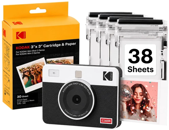 Main image of Mini Shot 3 Retro 3x3 Instant Camera, Photo Printer, 38 Sheet, White Bluetooth, iPhone & Android Smartphone Compatible, 13MP Camera, Retake Before Printing, Water, Fingerprint & Fade Resistant