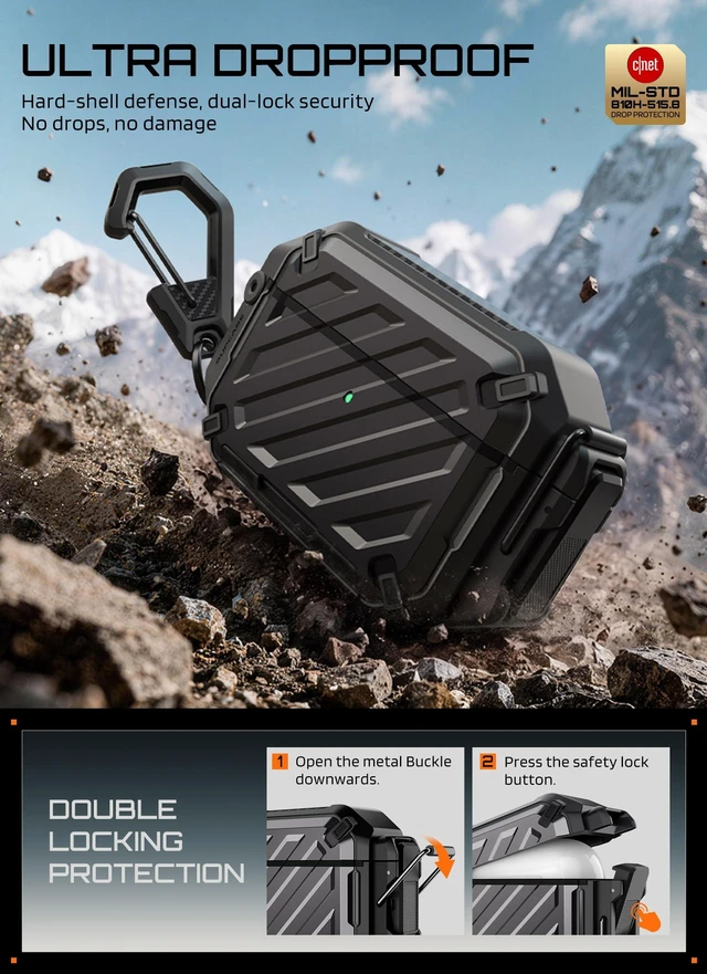Alt view image 4 of 7 - for AirPods Pro 3 Case with IP68 Waterproof, Lock & Carabiner,Black Compatible with MagSafe, Military-Grade Protection, Anti-Scratch Hard Shell Cover for AirPods Pro 3rd Generation 2025, UB Pro