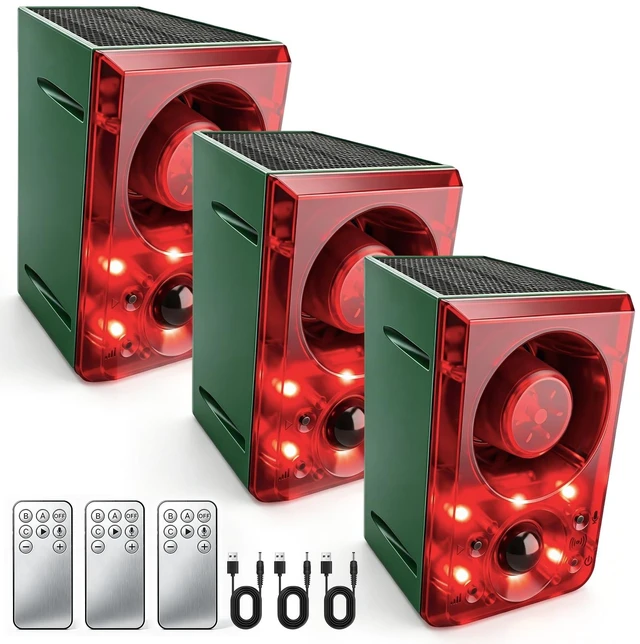 Main image of Solar Outdoor Motion Sensor Alarm Dog Barking Gunshot Sound 130dB Support Recording and Adjustable Volume,Loud Noise Maker 3 Work Modes Strobe Light for Home, Villa, Farm, Barn (3pack)