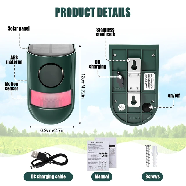 Alt view image 2 of 7 - 6 Pack Solar Motion Sensor Alarm 129db Outdoor Strobe Light,Green Waterproof Security Siren with Sound, Motion Detector for Driveway and Farm, Overnight Deterrent Flash Warning System