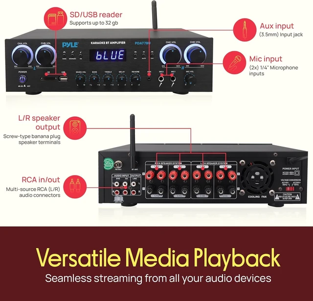 Alt view image 2 of 7 - Home Stereo Receiver with Bluetooth - 4 Channel Amplifier, 800 Watt Max, USB-A Input w MP3 Player, Easy Karaoke Setup with Mic Vol, Reverb and Delay, RCA in/Out, SD Card, FM Radio - PDA77BU