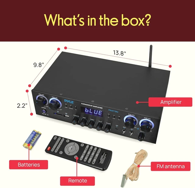 Alt view image 7 of 7 - Home Stereo Receiver with Bluetooth - 4 Channel Amplifier, 800 Watt Max, USB-A Input w MP3 Player, Easy Karaoke Setup with Mic Vol, Reverb and Delay, RCA in/Out, SD Card, FM Radio - PDA77BU
