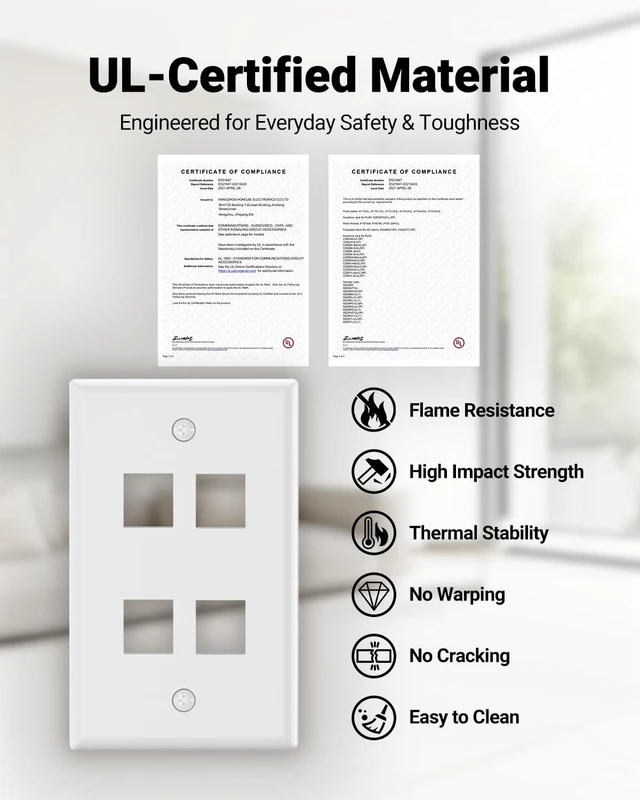 Alt view image 2 of 7 - 4-Port Keystone Wall Plate (UL Listed), White 10-Pack UL Listed for Safety, Designed for RJ45/HDMI/Coax Keystone Jack, Low Profile Wall Plate