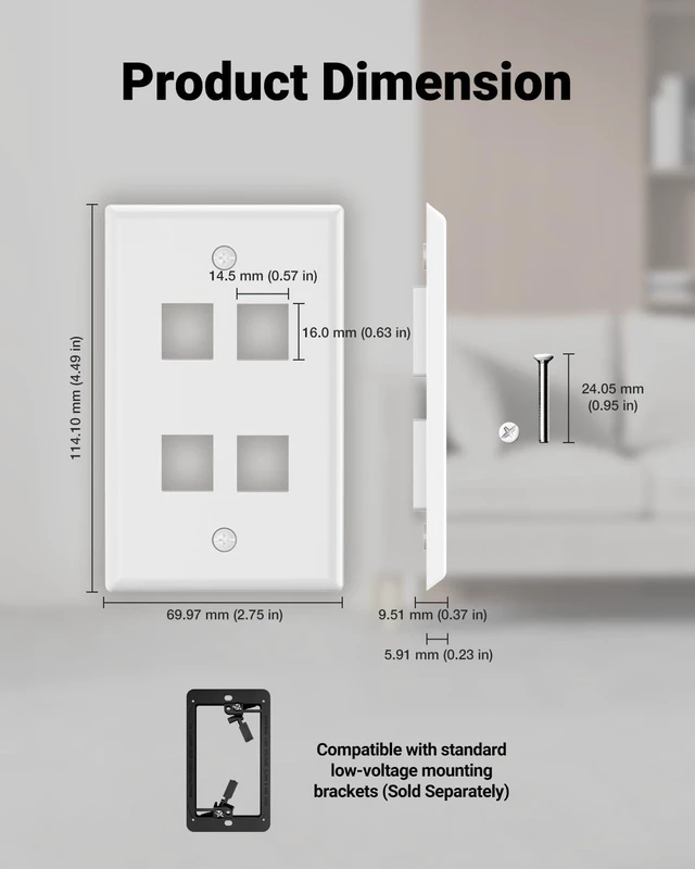 Alt view image 6 of 7 - 4-Port Keystone Wall Plate (UL Listed), White 10-Pack UL Listed for Safety, Designed for RJ45/HDMI/Coax Keystone Jack, Low Profile Wall Plate