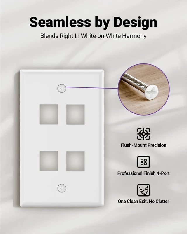 Alt view image 5 of 7 - 4-Port Keystone Wall Plate (UL Listed), White 10-Pack UL Listed for Safety, Designed for RJ45/HDMI/Coax Keystone Jack, Low Profile Wall Plate