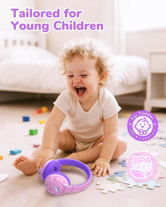 Alt view image 2 of 6 - BTH27 Toddler Headphones for 2+ Year Old Baby Kids Travel Study SafeSound Tech3.0, 74H Playtime, Bluetooth 5.4, BPA Free, Aux, Soft Baby Headphones, Easy Operation, Adjustable, Purple