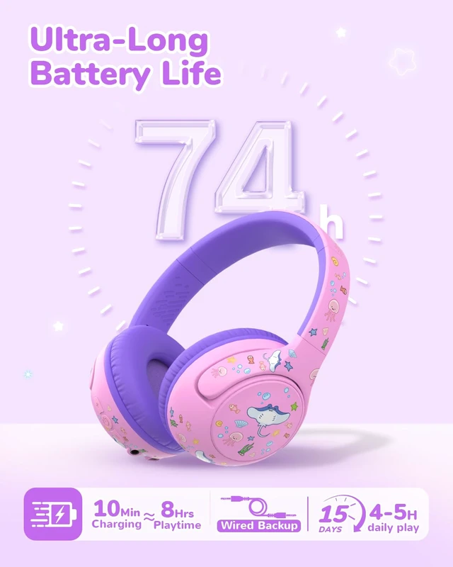 Alt view image 5 of 6 - BTH27 Toddler Headphones for 2+ Year Old Baby Kids Travel Study SafeSound Tech3.0, 74H Playtime, Bluetooth 5.4, BPA Free, Aux, Soft Baby Headphones, Easy Operation, Adjustable, Purple