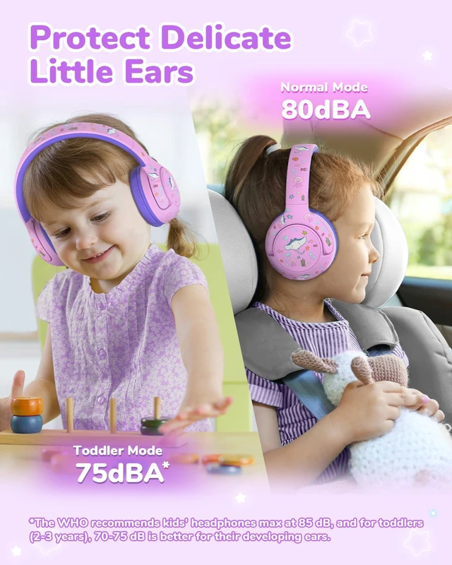 Alt view image 4 of 6 - BTH27 Toddler Headphones for 2+ Year Old Baby Kids Travel Study SafeSound Tech3.0, 74H Playtime, Bluetooth 5.4, BPA Free, Aux, Soft Baby Headphones, Easy Operation, Adjustable, Purple
