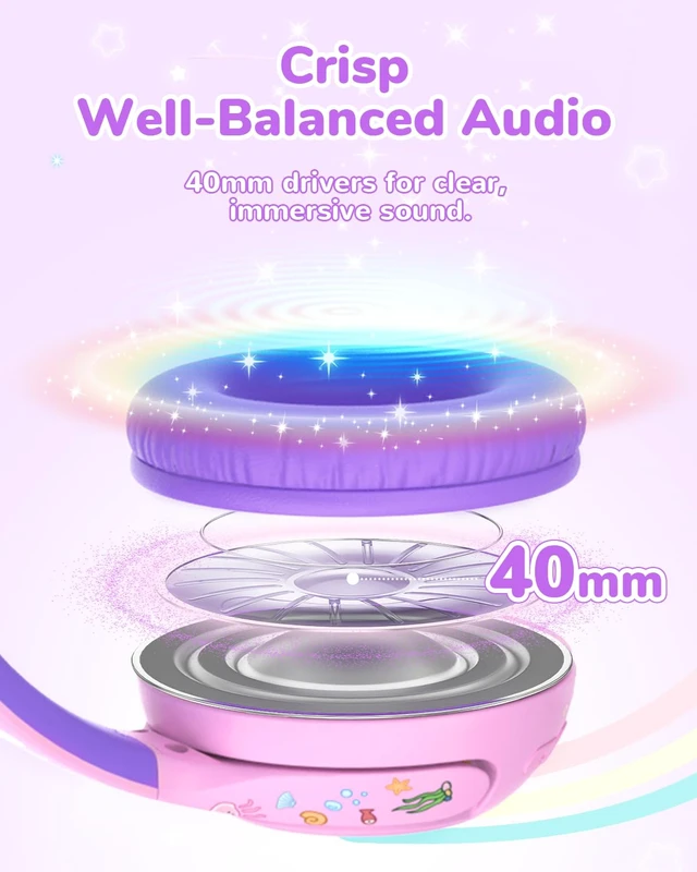 Alt view image 6 of 6 - BTH27 Toddler Headphones for 2+ Year Old Baby Kids Travel Study SafeSound Tech3.0, 74H Playtime, Bluetooth 5.4, BPA Free, Aux, Soft Baby Headphones, Easy Operation, Adjustable, Purple