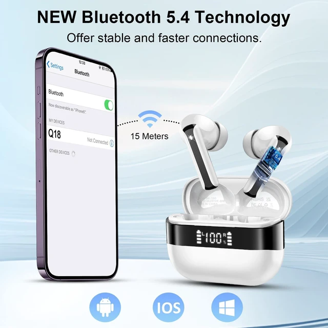 Alt view image 2 of 7 - Wireless Earbuds, Bluetooth 5.4 Headphones HiFi Stereo, Bluetooth Earbuds with 4 ENC Mics, 48H Playtime Wireless Ear buds with LED Display, IP7 Waterproof Bluetooth Earphones for Android iOS White