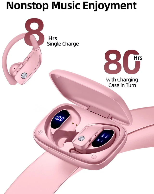 Alt view image 2 of 6 - Wireless Earbuds Bluetooth Headphones Over Ear Hooks Ear Buds with 80H Playtime, LED Power Display, Dual Mic Clear Calls, Sports Wireless Ear Buds Bluetooth Earbuds for Running Gym Workout (Pink)