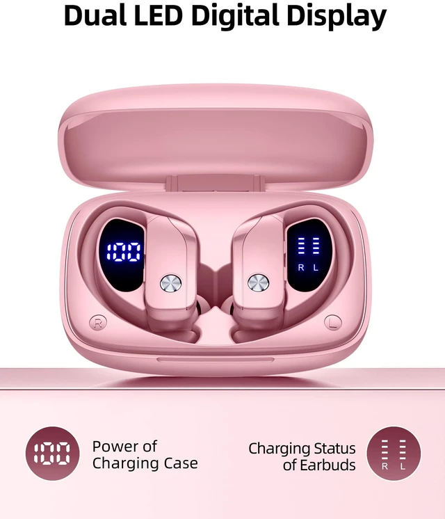 Alt view image 3 of 6 - Wireless Earbuds Bluetooth Headphones Over Ear Hooks Ear Buds with 80H Playtime, LED Power Display, Dual Mic Clear Calls, Sports Wireless Ear Buds Bluetooth Earbuds for Running Gym Workout (Pink)