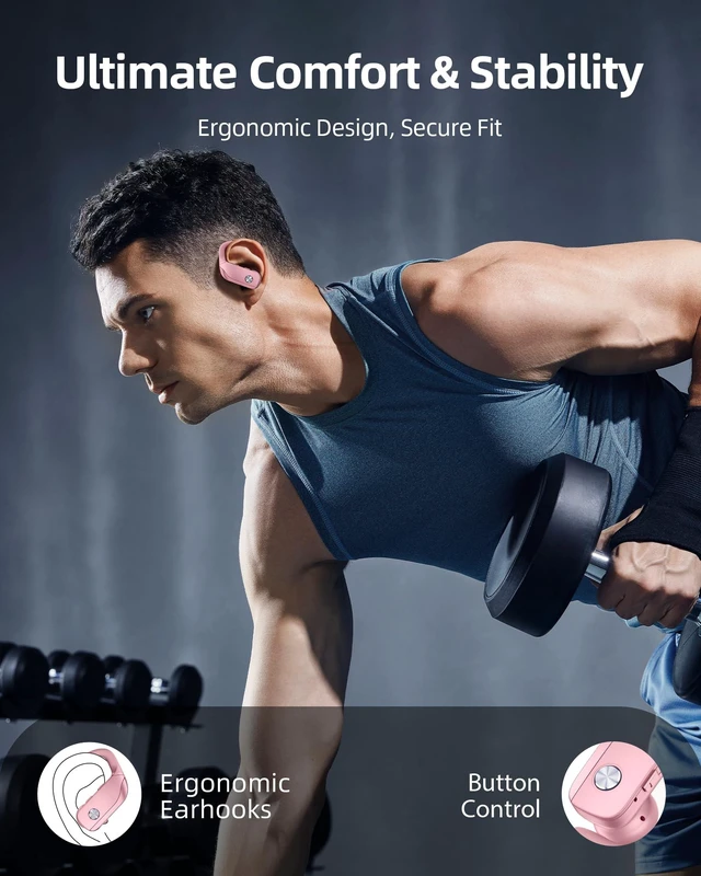 Alt view image 6 of 6 - Wireless Earbuds Bluetooth Headphones Over Ear Hooks Ear Buds with 80H Playtime, LED Power Display, Dual Mic Clear Calls, Sports Wireless Ear Buds Bluetooth Earbuds for Running Gym Workout (Pink)