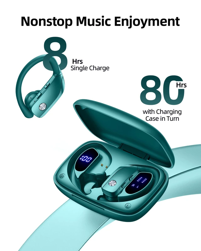 Alt view image 2 of 6 - Wireless Earbuds Bluetooth Headphones Over Ear Hooks Ear Buds with 80H Playtime, LED Power Display, Dual Mic Clear Calls, Sports Wireless Ear Buds Bluetooth Earbuds for Running Gym Workout (Green)