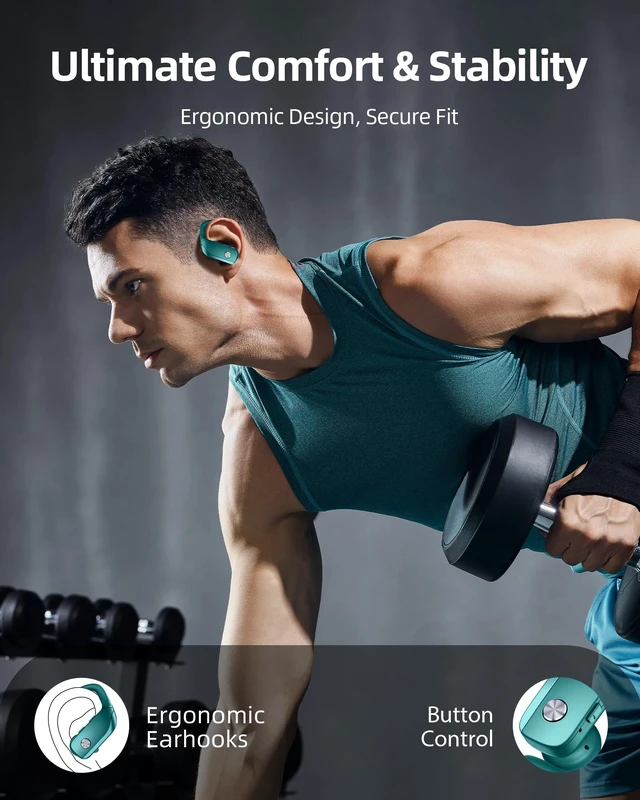 Alt view image 6 of 6 - Wireless Earbuds Bluetooth Headphones Over Ear Hooks Ear Buds with 80H Playtime, LED Power Display, Dual Mic Clear Calls, Sports Wireless Ear Buds Bluetooth Earbuds for Running Gym Workout (Green)