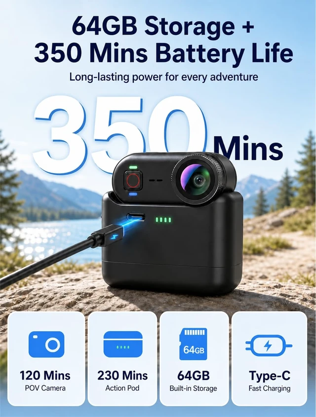 Alt view image 5 of 7 - 4K Waterproof Mini Action Camera, 64GB WiFi POV Video Wearable Body Camera Magnetic Pendant, Clip Mount, Charging Base, Hands-free POV Recording for Motorcycle, Hiking and Sports