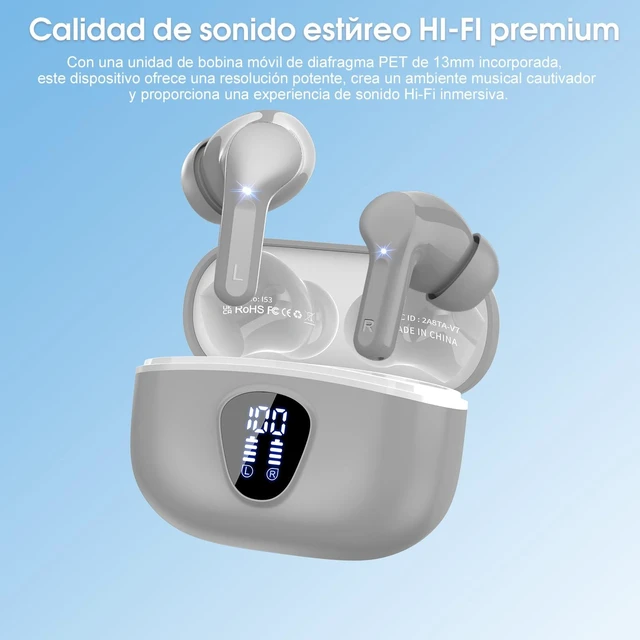 Alt view image 3 of 7 - Wireless Earbuds, Bluetooth 5.4 Headphones HiFi Stereo, Bluetooth Earbuds With ENC Noise Cancelling Mic, IP7 Waterproof in Ear Earphones, 48H, LED Display Ear buds for Pad Workout Sports, Grey