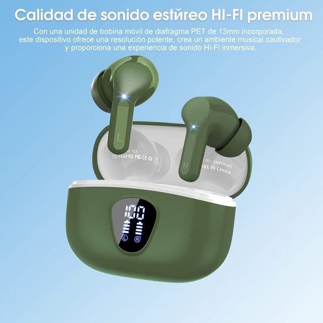 Alt view image 3 of 7 - Wireless Earbuds, Bluetooth 5.3 Headphones HiFi Stereo, Bluetooth Earbuds With ENC Noise Cancelling Mic, IPX7 Waterproof in Ear Earphones,45H, LED Display Ear buds for Pad Workout Sports, Retro Green