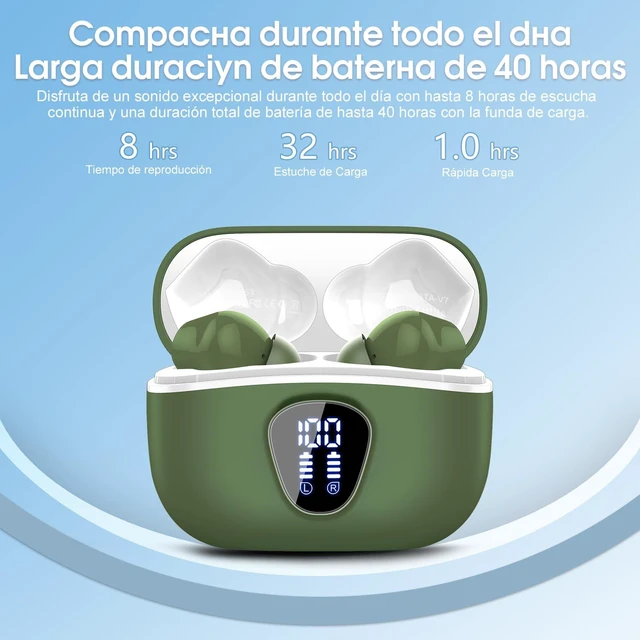 Alt view image 4 of 7 - Wireless Earbuds, Bluetooth 5.3 Headphones HiFi Stereo, Bluetooth Earbuds With ENC Noise Cancelling Mic, IPX7 Waterproof in Ear Earphones,45H, LED Display Ear buds for Pad Workout Sports, Retro Green