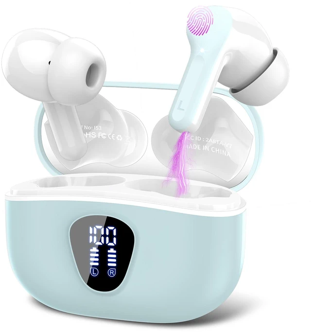 Main image of Wireless Earbuds, Bluetooth 5.3 Headphones HiFi Stereo, Bluetooth Earbuds With ENC Noise Cancelling Mic, IPX7 Waterproof in Ear Earphones, 45H, LED Display Ear buds for Pad Workout Sports, Azure