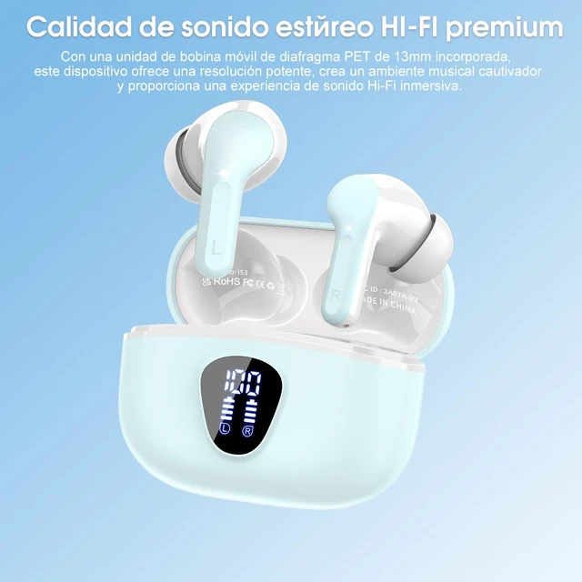 Alt view image 2 of 7 - Wireless Earbuds, Bluetooth 5.3 Headphones HiFi Stereo, Bluetooth Earbuds With ENC Noise Cancelling Mic, IPX7 Waterproof in Ear Earphones, 45H, LED Display Ear buds for Pad Workout Sports, Azure