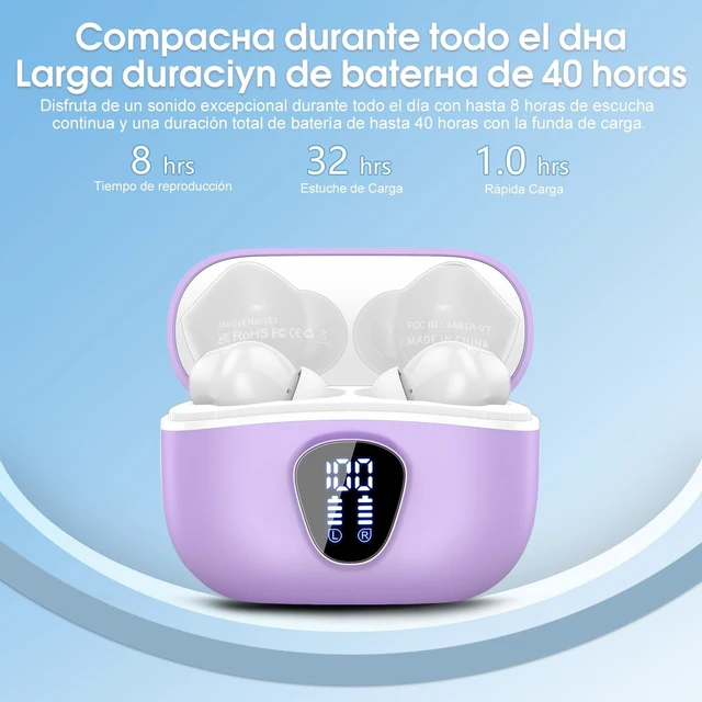 Alt view image 4 of 7 - Wireless Earbuds, Bluetooth 5.3 Headphones HiFi Stereo, Bluetooth Earbuds With ENC Noise Cancelling Mic, IPX7 Waterproof in Ear Earphones, 45H, LED Display Ear buds for Pad Workout Sports, Purple