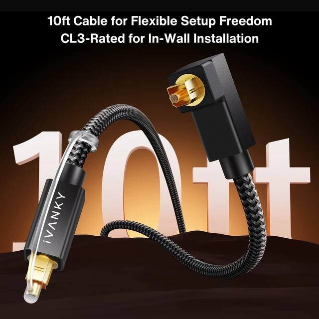 Alt view image 2 of 7 - Right Angle Optical Audio Cable 10ft, 24K Gold 90° Toslink Digital 24K Gold-Plated Fiber Optical Audio Cable 90° Lossless Audio S/PDIF Toslink, Soundbar TV PS5 Xbox Home Theater, CL3 Rated