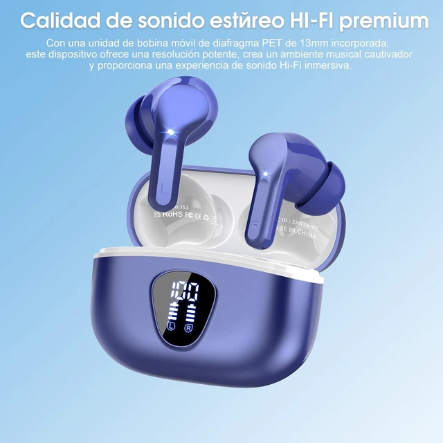 Alt view image 3 of 7 - Wireless Earbuds, Bluetooth 5.3 Headphones HiFi Stereo, Bluetooth Earbuds With ENC Noise Cancelling Mic, IPX7 Waterproof in Ear Earphones, 45H, LED Display Ear buds for Pad Workout Sports, Blue