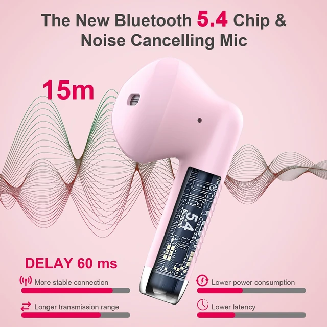 Alt view image 3 of 7 - Wireless Earbuds, Bluetooth 5.4 Headphones in Ear with Noise Cancelling Mic | Bluetooth Earbuds Stereo Bass, IP7 Waterproof Sports Earphones, 36H Playtime USB C Charging Ear Buds Pink for Android iOS