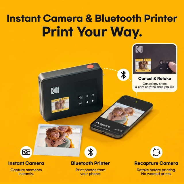 Alt view image 4 of 7 - Mini Shot 3 Retro 3x3 Instant Camera, Photo Printer, 8 Sheets, White Bluetooth, iPhone & Android Smartphone Compatible, 13MP Camera, Retake Before Printing, Water, Fingerprint & Fade Resistant