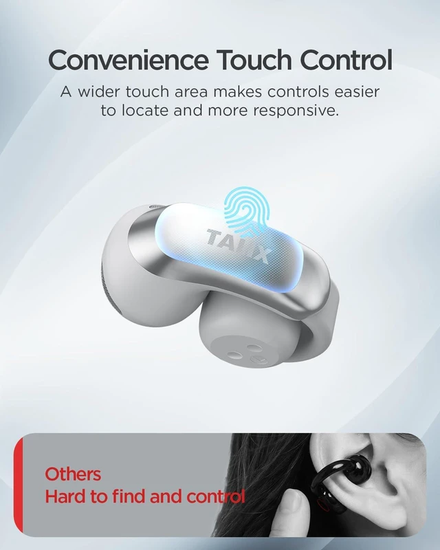 Alt view image 7 of 7 - Open Ear Clip-On Wireless Bluetooth Earbuds AuraHalo G1, Gray 4-Mic Clear Calls, Rich Bass, Roller-Inspired Design, Reduced Sound Leakage, IPX4 Water Resistant, Touch Control