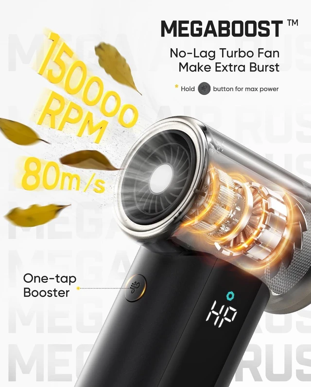 Alt view image 3 of 7 - B11 Pro Max Electric Air Duster with Powerbank Function (Champagne) 150000RPM Brushless Motor, 100-Speed Adjustable, One-Tap Booster, 28.08Wh Rechargeable Battery, for PC, Car Detailing & Home