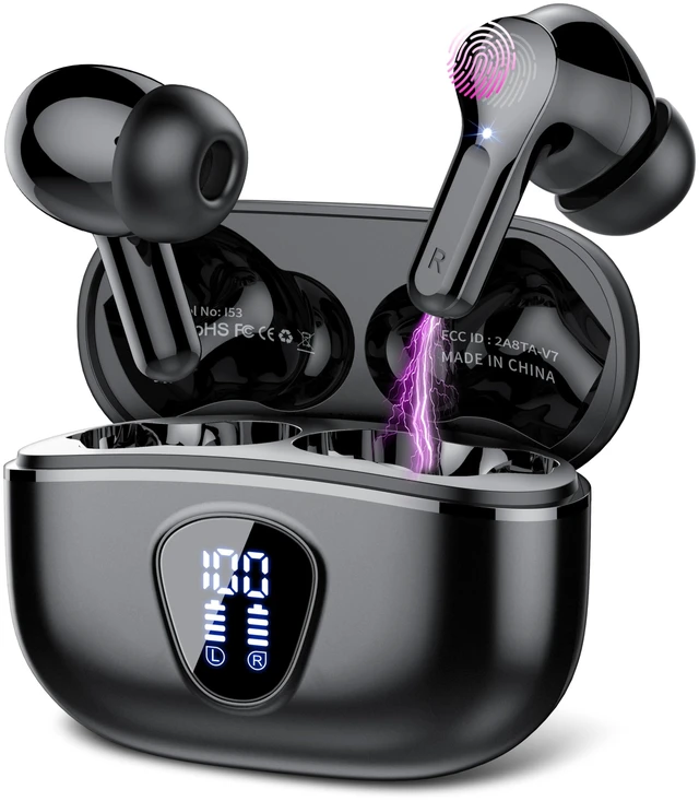 Main image of Wireless Earbuds, Bluetooth 5.3 Headphones HiFi Stereo, Bluetooth Earbuds With ENC Noise Cancelling Mic, IPX7 Waterproof in Ear Earphones, 45H, LED Display Ear buds for Pad Workout Sports, Black
