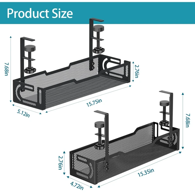 Alt view image 2 of 7 - 2Pack Under Desk Cable Management Tray, No Drill Mesh Desk Cable Tray Wire Management Tray Cable Management Rack, Cord Organizer and Cable Management Box (Black)
