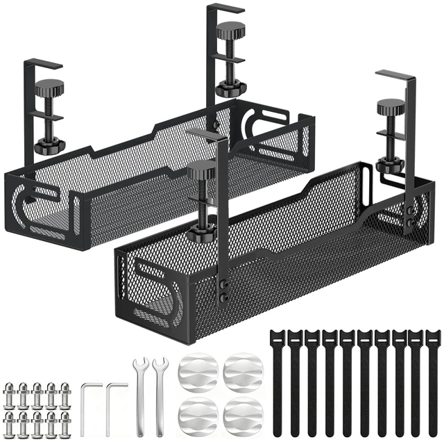 Main image of 2Pack Under Desk Cable Management Tray, No Drill Mesh Desk Cable Tray Wire Management Tray Cable Management Rack, Cord Organizer and Cable Management Box (Black)