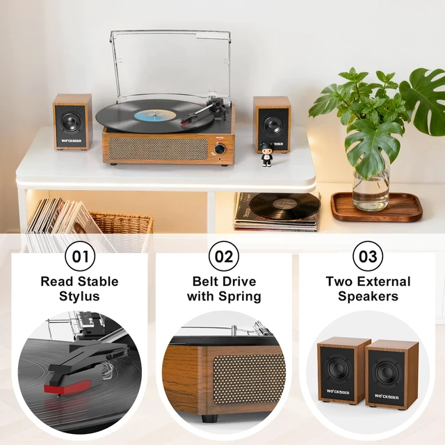 Alt view image 2 of 7 - Vinyl Record Player with 2 External Passive Speakers,Brown Wooden Patented Design,Belt-Drive Vintage Turntable,Bookshelf Speakers,3 Speed,BT Wireless Input,AUX Headphone,Auto Stop,Retro Style