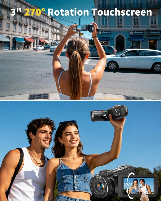Alt view image 4 of 7 - 4K Video Camera Camcorder 96MP UHD Vlogging Camera for YouTube 18X Digital Zoom 3.0 IPS 270° Rotation Touch Screen Video Recorder with Remote Control, Night Vision, 32GB Card, 2 Batteries