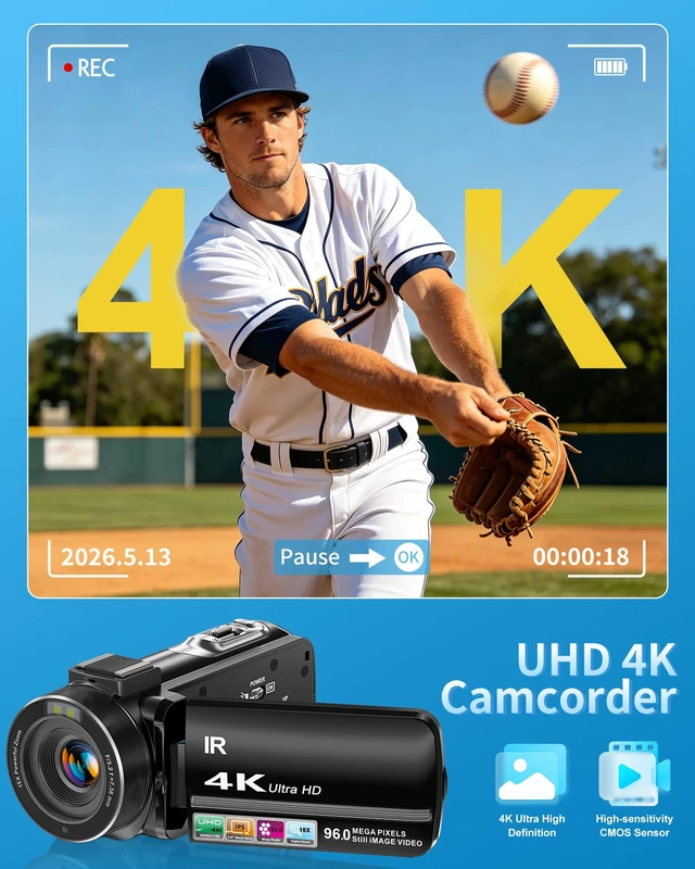 Alt view image 3 of 7 - 4K Video Camera Camcorder 96MP UHD Vlogging Camera for YouTube 18X Digital Zoom 3.0 IPS 270° Rotation Touch Screen Video Recorder with Remote Control, Night Vision, 32GB Card, 2 Batteries