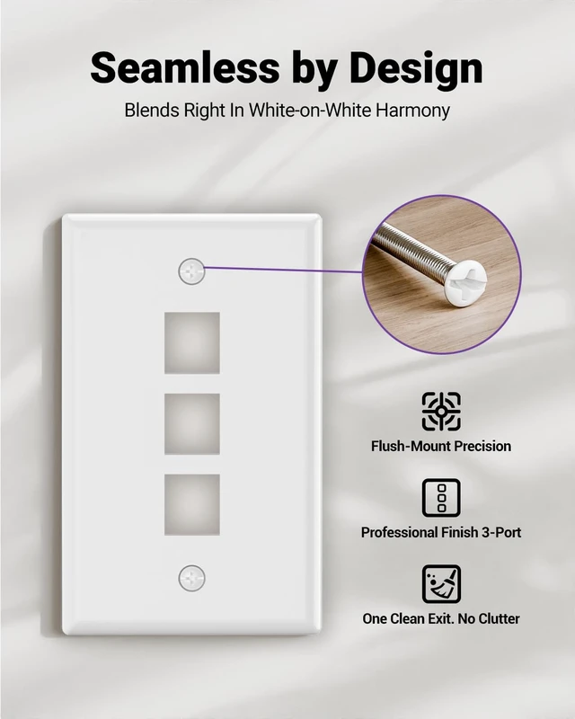 Alt view image 5 of 7 - 3-Port Keystone Wall Plate (UL Listed), White 10-Pack UL Listed for Safety, Designed for RJ45/HDMI/Coax Keystone Jack, Low Profile Wall Plate
