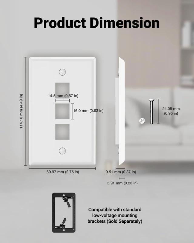 Alt view image 6 of 7 - 3-Port Keystone Wall Plate (UL Listed), White 10-Pack UL Listed for Safety, Designed for RJ45/HDMI/Coax Keystone Jack, Low Profile Wall Plate