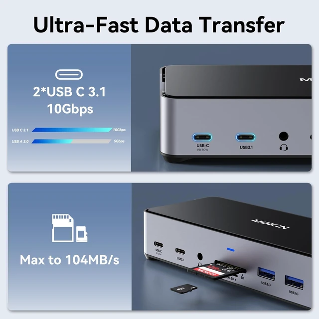 Alt view image 7 of 7 - USB C Docking Station 3 Monitors Laptop USB C Dock Dual Monitor with 2 HDMI DisplayPort 4K144Hz,USB A 2.0/3.0,USBC 3.1 10Gbps&30W Output,Ethernet,microSD&SD,Audio&Mic,150W DC Power for Dell/Lenovo/HP