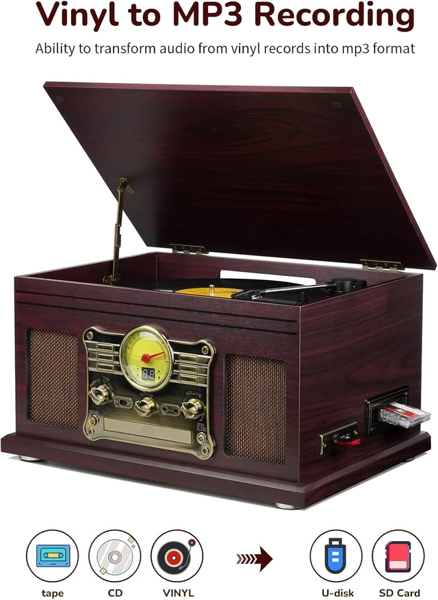 Alt view image 3 of 7 - Bluetooth Record Player 10 in 1, 3-Speed Turntable for Vinyl with Speakers, LP to MP3 Converter, CD, Cassette Player, FM Radio, Wireless Streaming Coffee