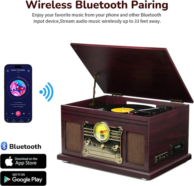 Alt view image 4 of 7 - Bluetooth Record Player 10 in 1, 3-Speed Turntable for Vinyl with Speakers, LP to MP3 Converter, CD, Cassette Player, FM Radio, Wireless Streaming Coffee