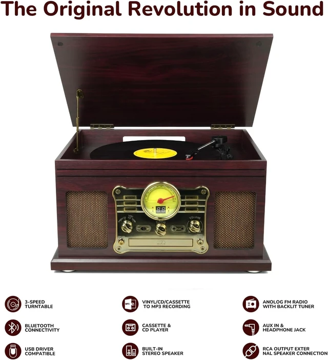 Alt view image 2 of 7 - Bluetooth Record Player 10 in 1, 3-Speed Turntable for Vinyl with Speakers, LP to MP3 Converter, CD, Cassette Player, FM Radio, Wireless Streaming Coffee