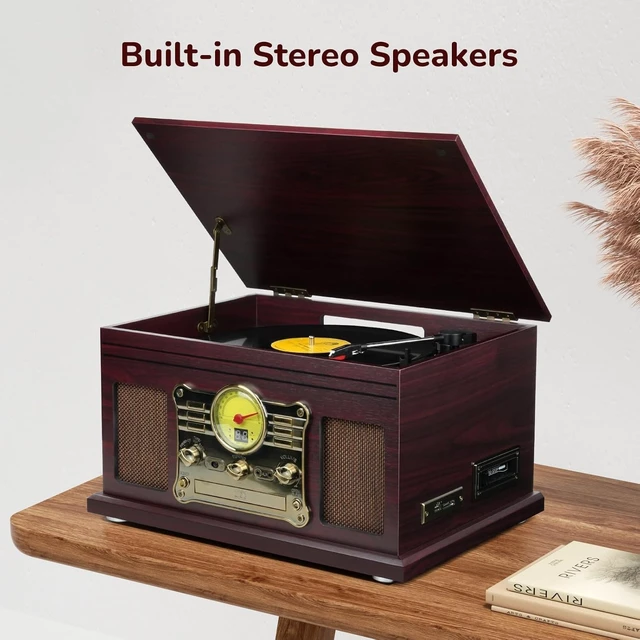 Alt view image 5 of 7 - Bluetooth Record Player 10 in 1, 3-Speed Turntable for Vinyl with Speakers, LP to MP3 Converter, CD, Cassette Player, FM Radio, Wireless Streaming Coffee