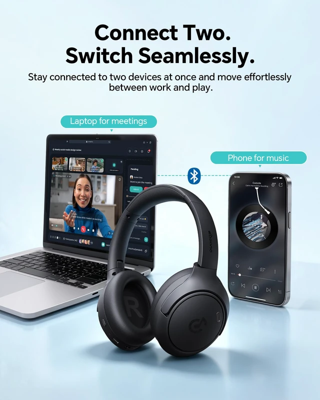 Alt view image 6 of 7 - Hybrid Active Noise Cancelling Headphones:Over-Ear Headphone Black Lightweight Comfort,120H Playtime,Bluetooth,Multipoint Connection,Transparency Mode,Clear Calls,Work Travel Commute & Focus