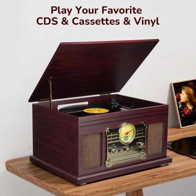 Alt view image 6 of 7 - Bluetooth Record Player 10 in 1, 3-Speed Turntable for Vinyl with Speakers, LP to MP3 Converter, CD, Cassette Player, FM Radio, Wireless Streaming Coffee