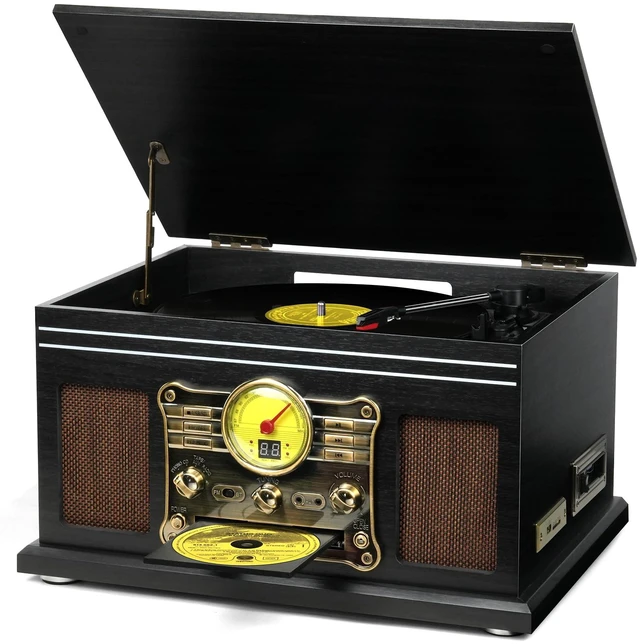 Main image of Bluetooth Record Player 10 in 1, 3-Speed Turntable for Vinyl with Speakers, LP to MP3 Converter, CD, Cassette Player, FM Radio, Wireless Streaming Black