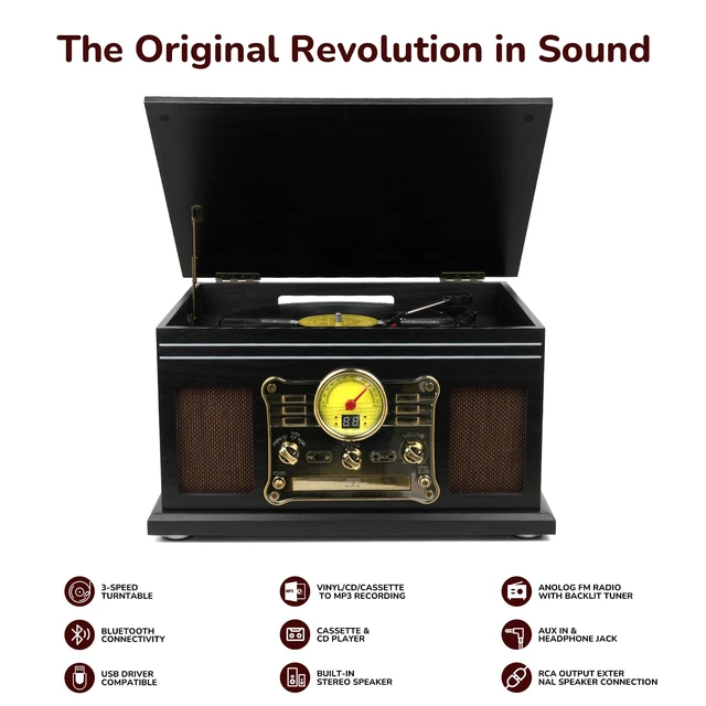 Alt view image 2 of 7 - Bluetooth Record Player 10 in 1, 3-Speed Turntable for Vinyl with Speakers, LP to MP3 Converter, CD, Cassette Player, FM Radio, Wireless Streaming Black